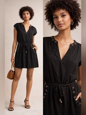 Forever 21 black dress with brass embellishments, pockets in the front size S